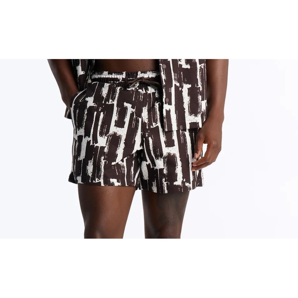Fashion Nova Mens Seersucker Printed 6" Swim Trunks - Brown Combo - Size Large
